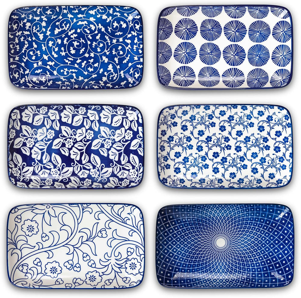 Selamica Ceramic 8 inch Rectangular Salad Plates Set of 6, Vintage Blue