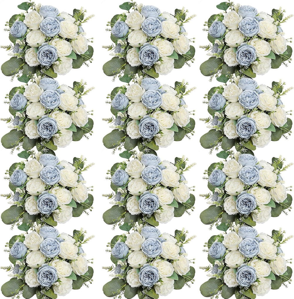 12 Bundles Dusty Blue White Artificial Peonies Silk Flowers Bulk