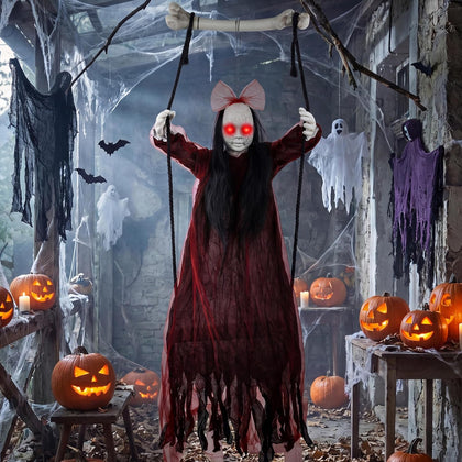Halloween Decorations Outdoor, Creepy 57” Hanging Swinging Ghost Doll Girl, Sound/Touch Activated Hanging Ghost, Light-Up Red Eyes Halloween Haunted House Prop for Porch Yard Tree Garden Graveyard