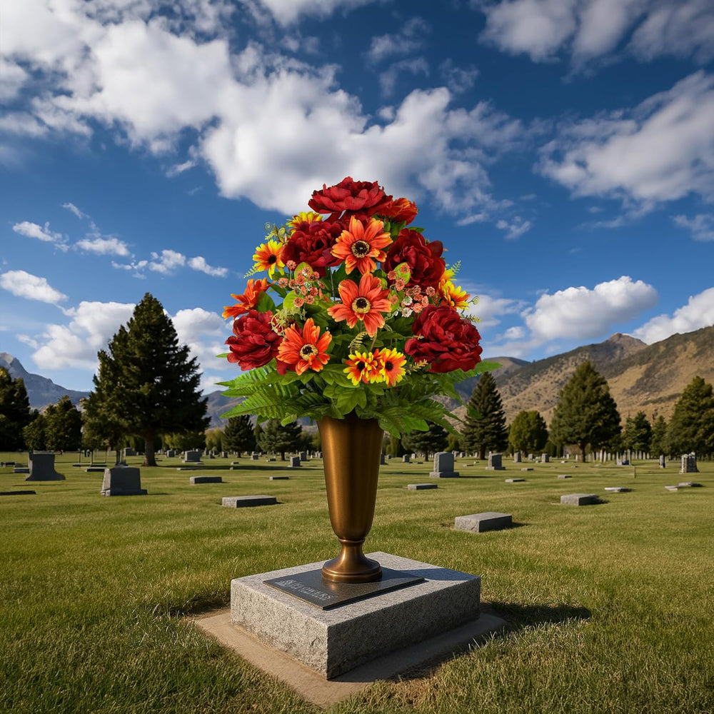 Cemetery Flowers for Grave, Burgundy Peony & Orange Daisy