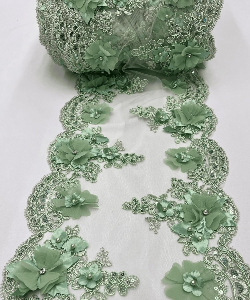 2 Yards (Sage) 22" Wide 3D Embroidered Table Runner on Mesh Fabric, Bead...