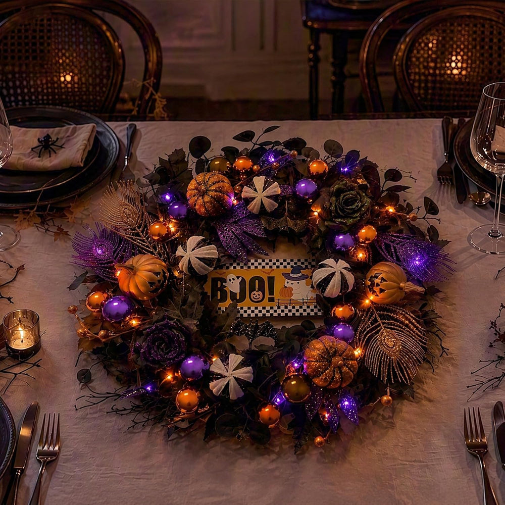 24'' Halloween Wreath for Front Door with Orange Purple Lights