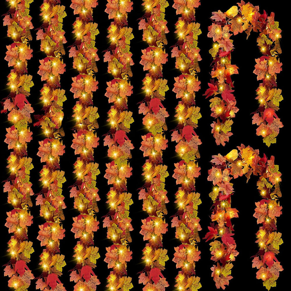 8 Pack Fall Leaf Garland with Lights,Fall Decor Halloween Lights Artificial M...
