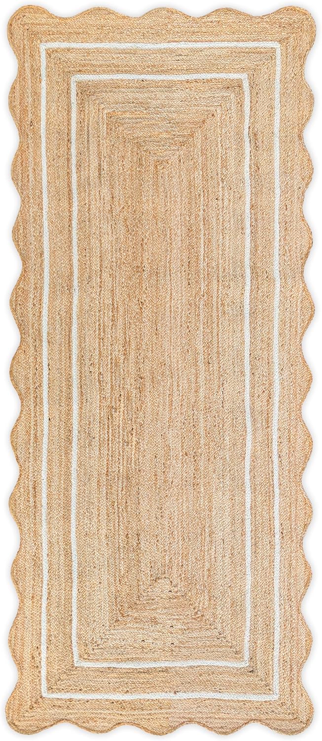 Wave Scalloped Natural Jute Rug - Boho Entryway Runner, Farmhouse Scallop, Of...