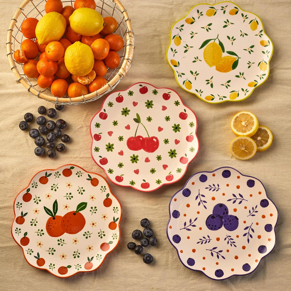 Bico Fruit Pop Scalloped Salad Plates Set of 4, 8.75 Inch Ceramic Dessert Pla...