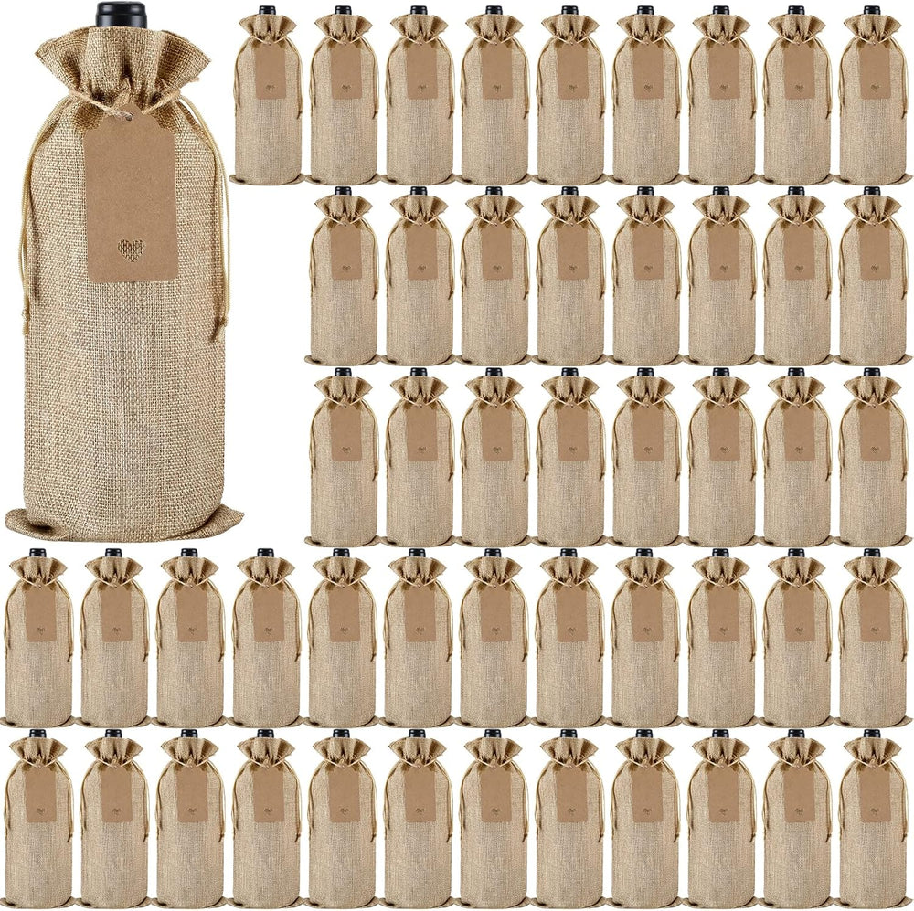 Windyun 50 Pcs Burlap Wine Bag Bulk Gift Bag with Drawstrings, Brown