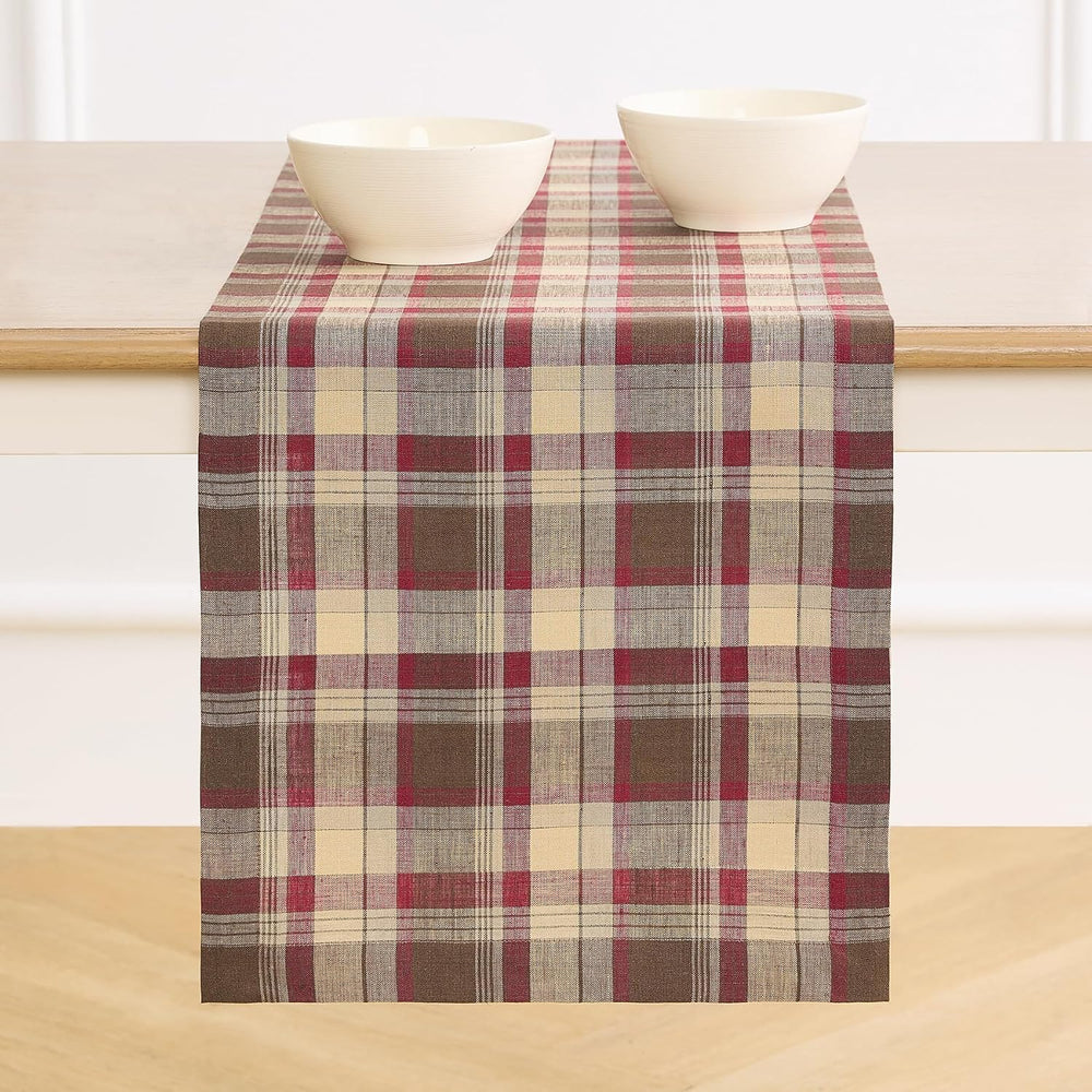 Solino Home 100% Linen Table Runner Multicolor, Rustic Plaid 14 x 72 in