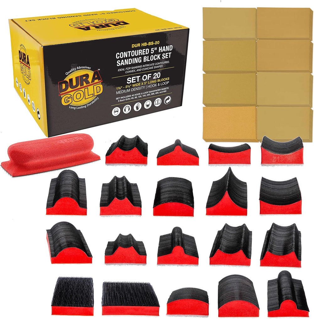 Dura-Gold 20-Piece Contoured Profile 5" Hand Sanding Block Set with 40