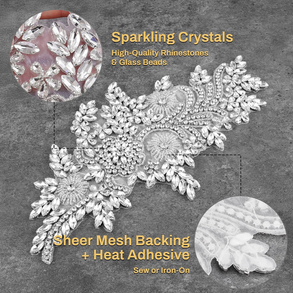 Rhinestone Applique Patches, Beaded Trim Sew On Crystal for Dress