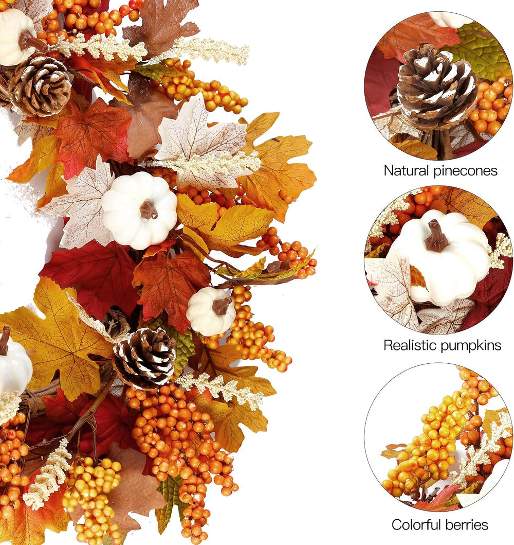 Sggvecsy Fall Wreath 20’’ Autumn Front Door Wreath Harvest Wreath with White ...