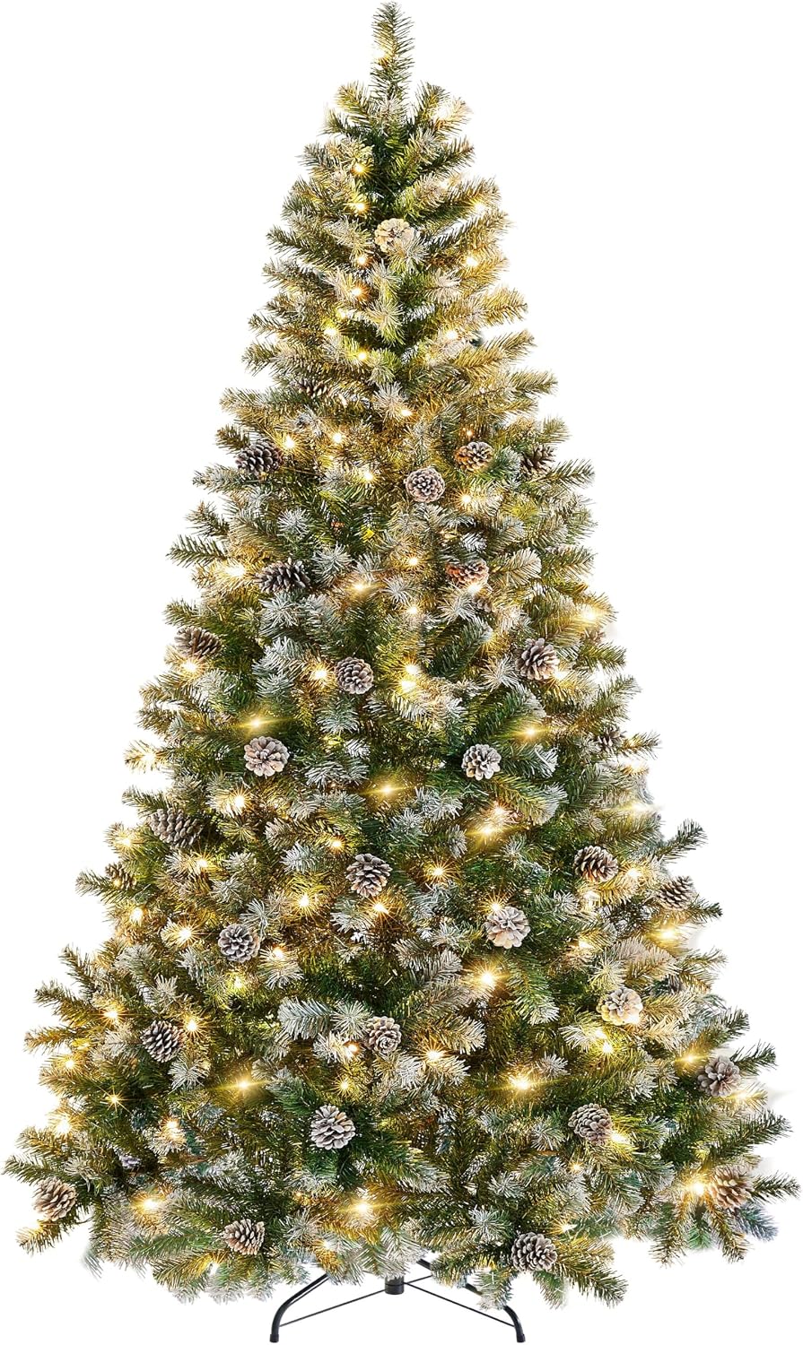Yaheetech 6ft Pre-lit Christmas Tree, Snow Flocked Artificial Christmas Tree ...