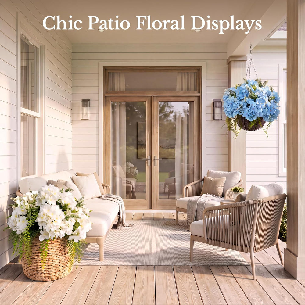 Pre-Arranged White Hydrangea Artificial Flowers with Greenery, UV Resistant