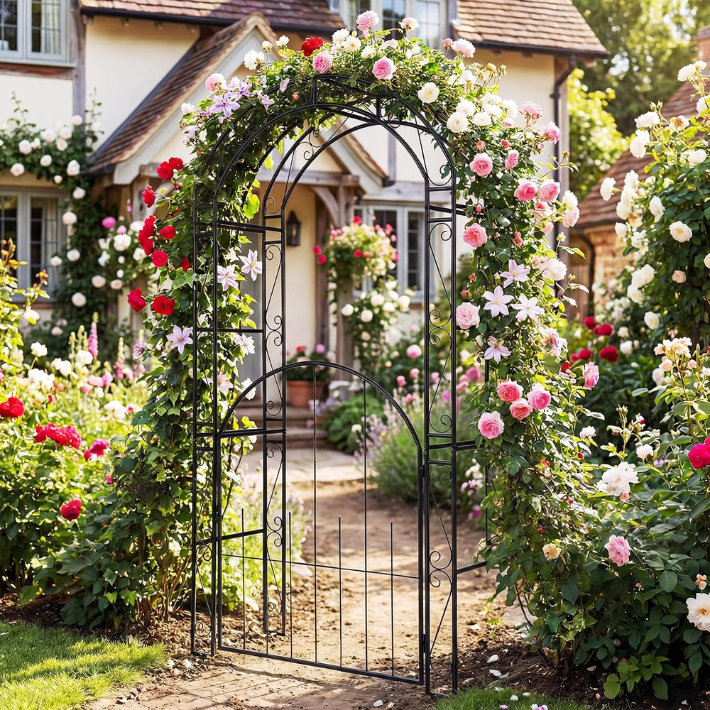 Giantex 84'' Metal Garden Arbor with Gate, Arch Trellis for Climbing ...