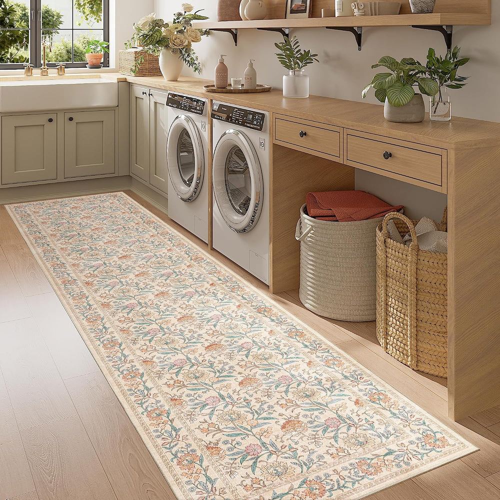 2x10 Runner Rug for Hallway, Washable Vintage Floral Rug, Beige
