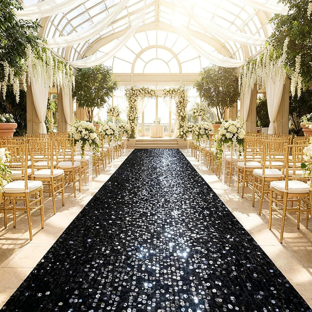 Wedding Aisle Runner: 4FT×15FT Sequin Fabric - Black Sparkly Carpet Runner fo...