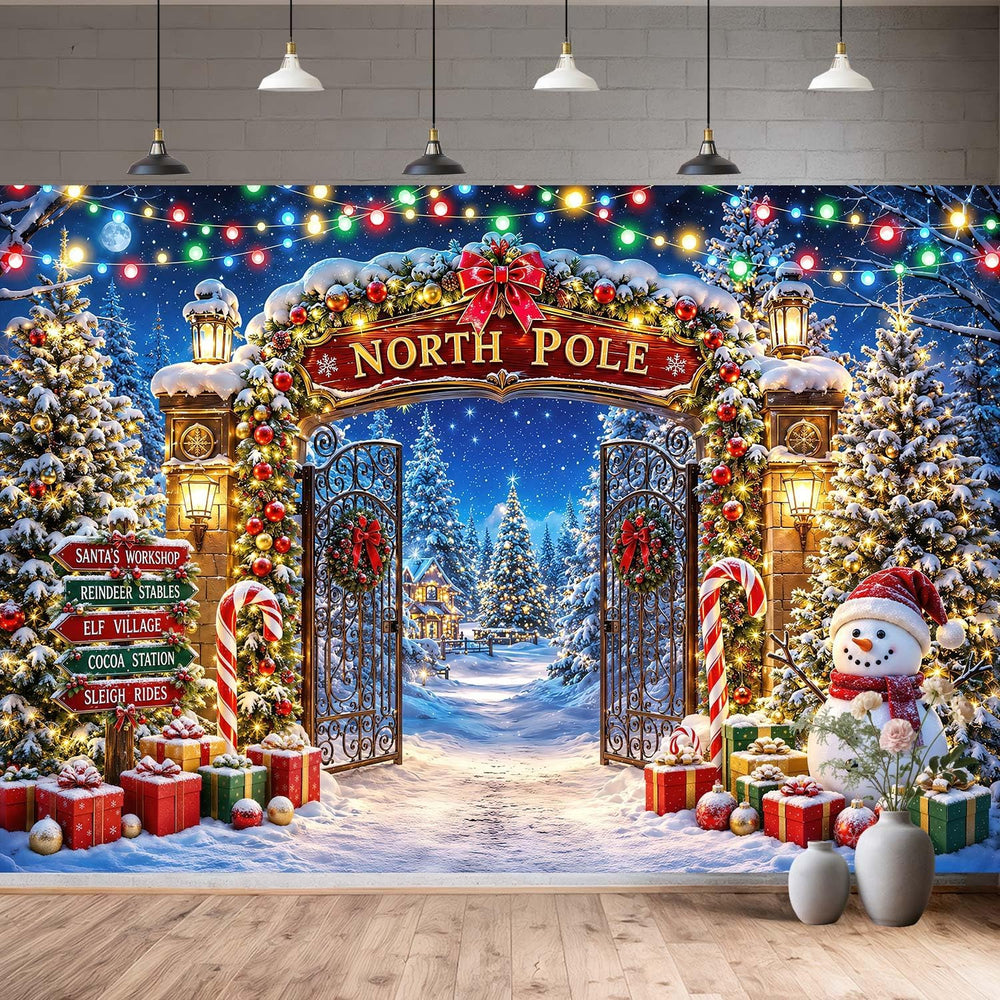 10X8FT Christmas North Pole Backdrop, Winter Snowman Xmas Scene Decor