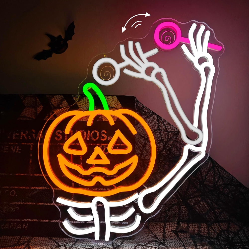 Waving Pumpkin Skull Halloween Neon Sign Skeleton LED Pumpkin with Lollipop