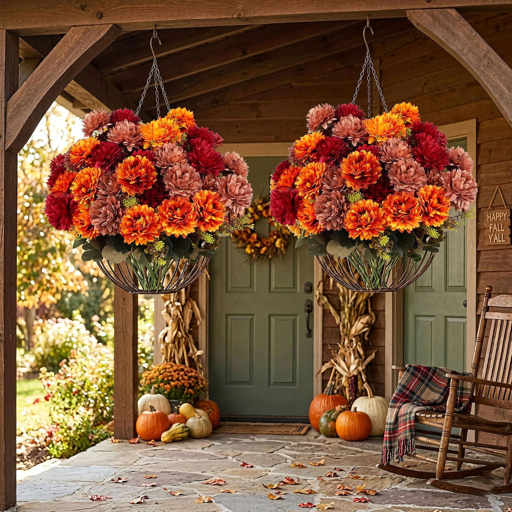 12 Pcs Fall Artificial Mums Flowers, Orange Burgundy Brown Faux Mums Bouquet ...