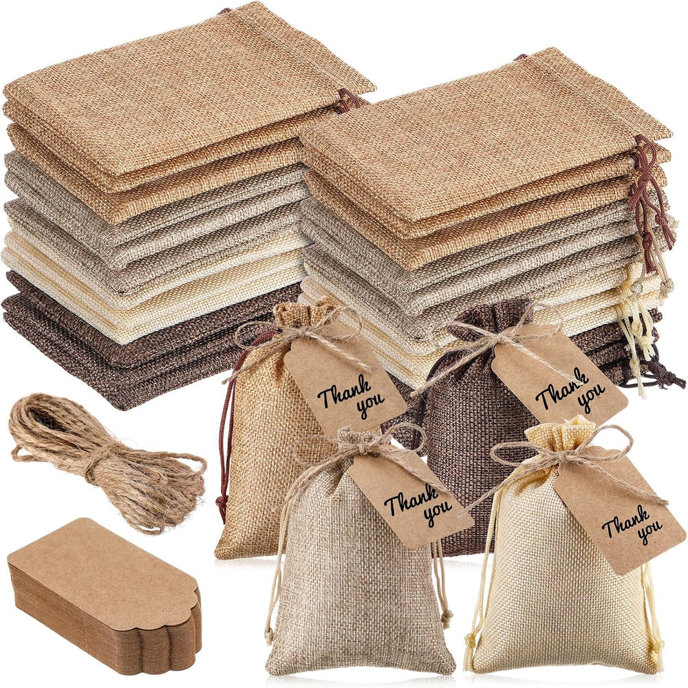Woanger 100 Pcs Drawstring Burlap Gift Bags 4x6'' with Tags, Coffee B...