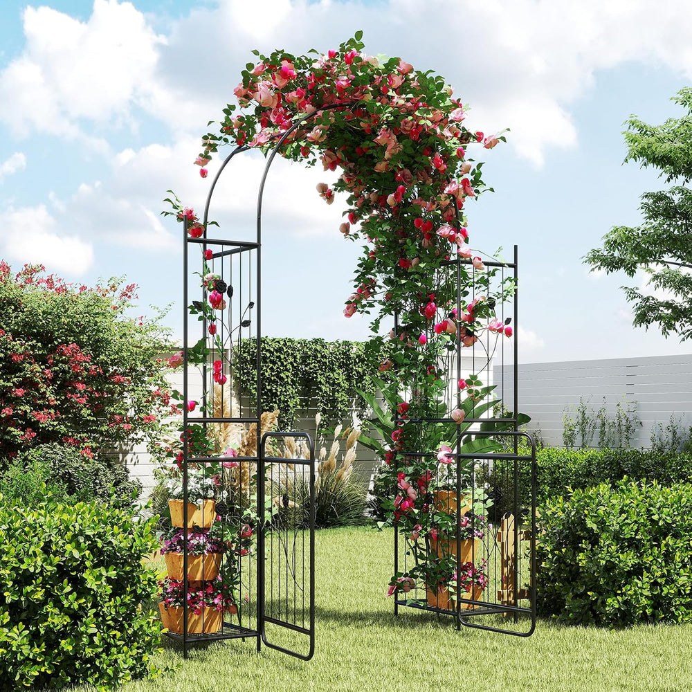 HAPPYGRILL 87" Garden Arbor, Garden Arch with Planter Shelves & Gate