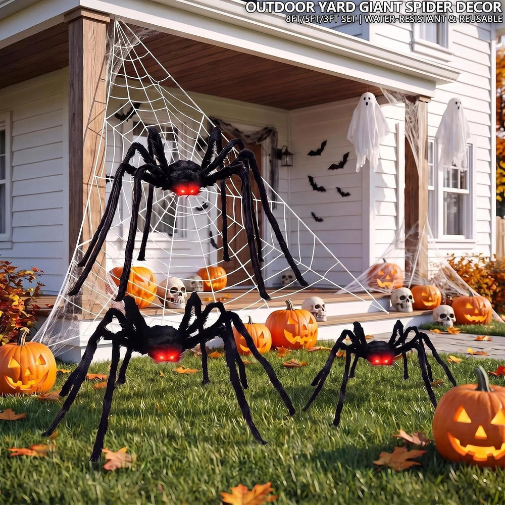 8Ft Giant Hairy Black Spider with Glowing Eyes, 3 Packs(8Ft+5Ft+3Ft) Hallowee...