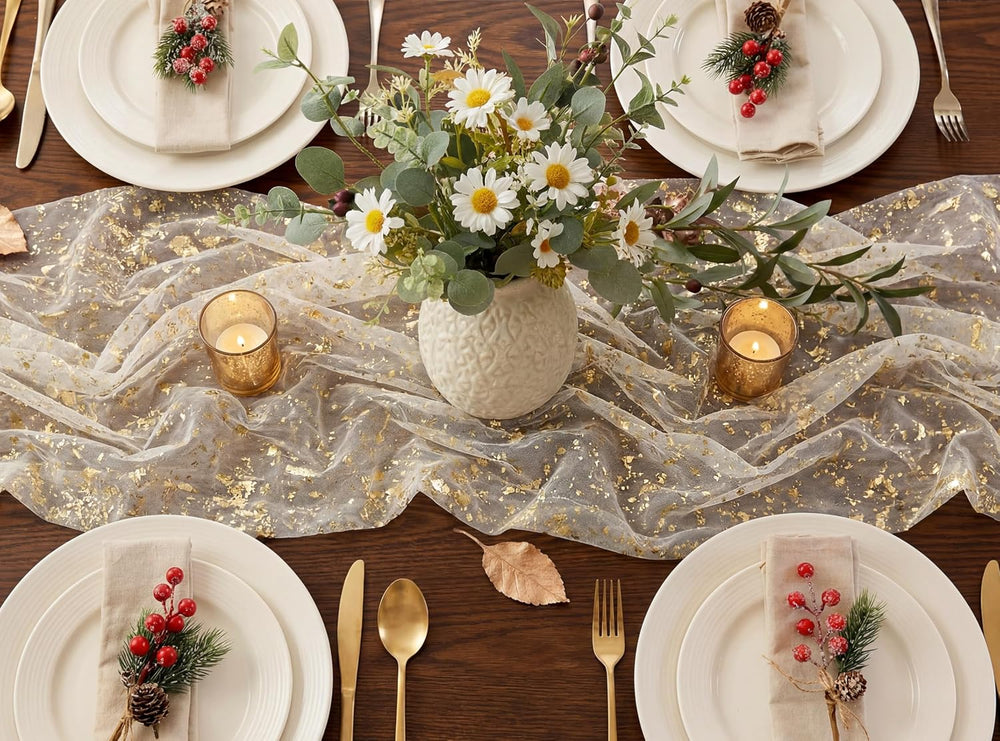 FEXIA 8Pcs Gold Table Runner 10FT Gauze Glitter Wedding Party Decorations