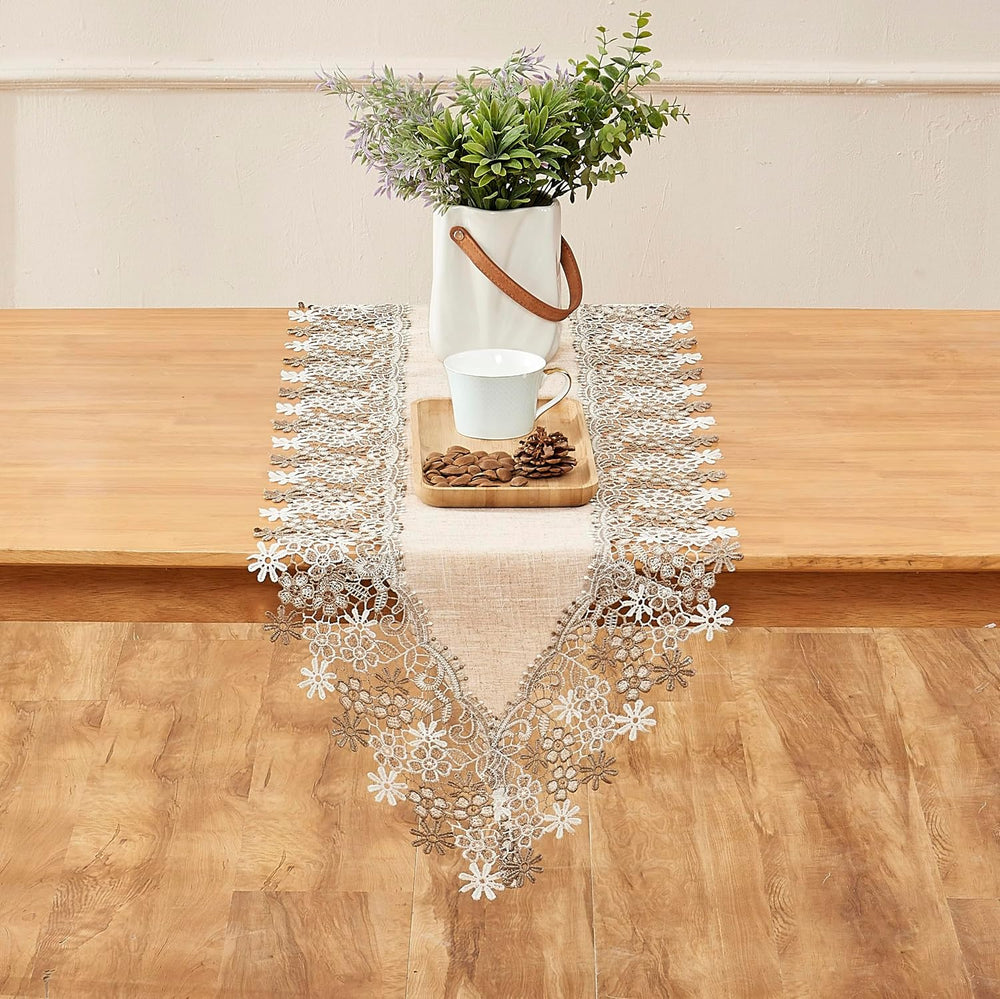 Natural Beige Floral Lace Table Runner Dresser Scarf (16” x120”)