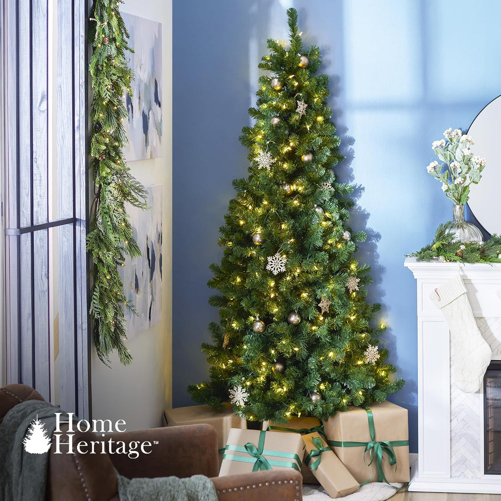 7ft Pre-Lit Christmas Tree – Artificial Half Pine with 150 Warm White LED Lig...