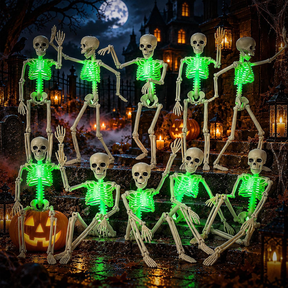 16" Light Up Skeleton Halloween Decorations,10 Pack Posable Skeleton wit...