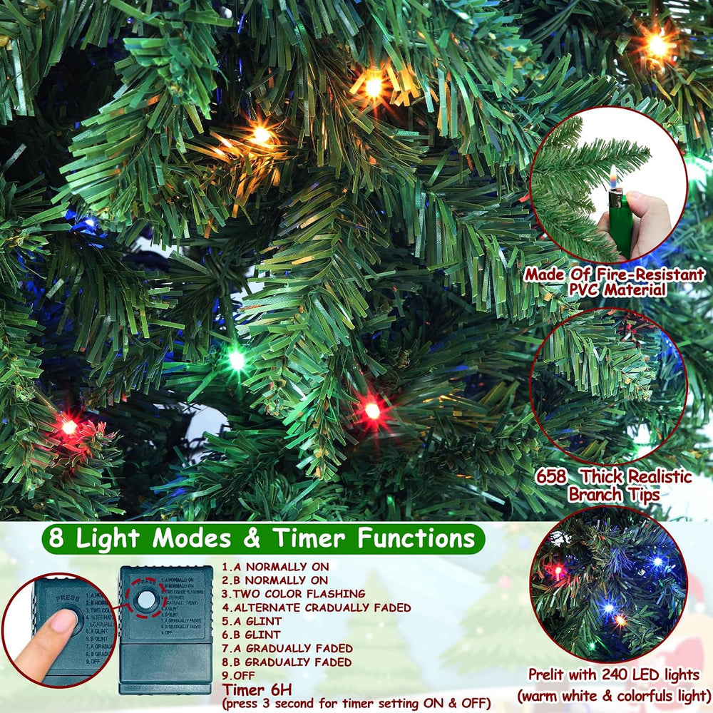 6Ft Prelit Pencil Christmas Tree with 240 Warm White&Colors Changing Lights