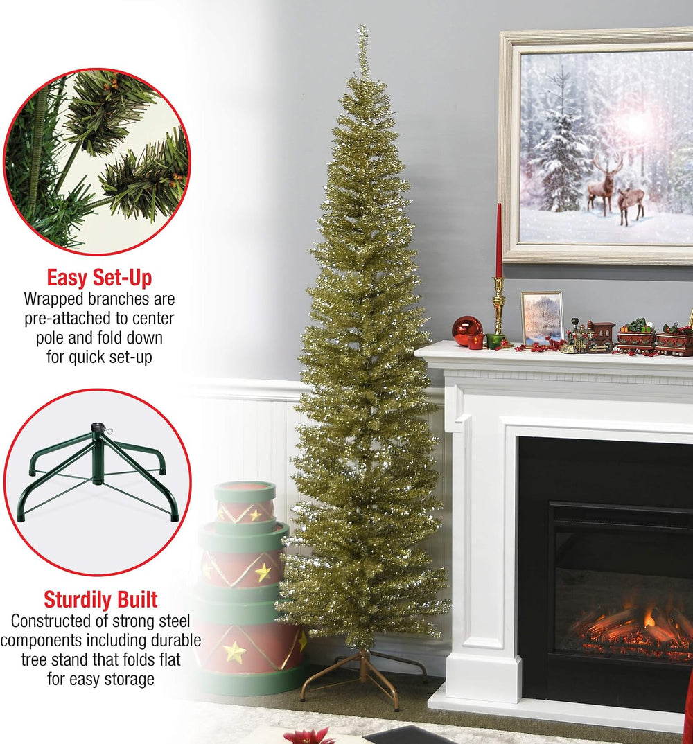 National Tree Company 7ft Unlit Champagne Gold Slim Tinsel Christmas Tree