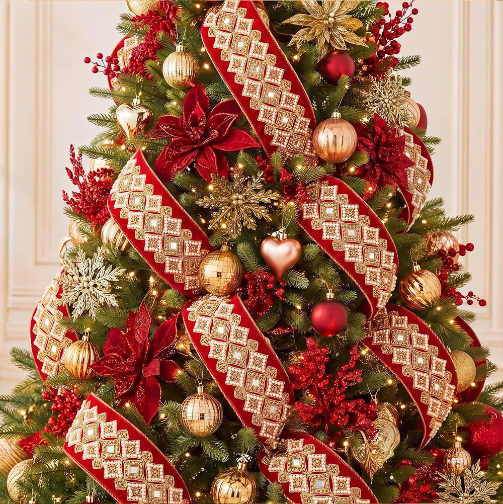Janinka Christmas Red Velvet Jeweled Ribbon with Embroidery 4.3in x 5.2yd