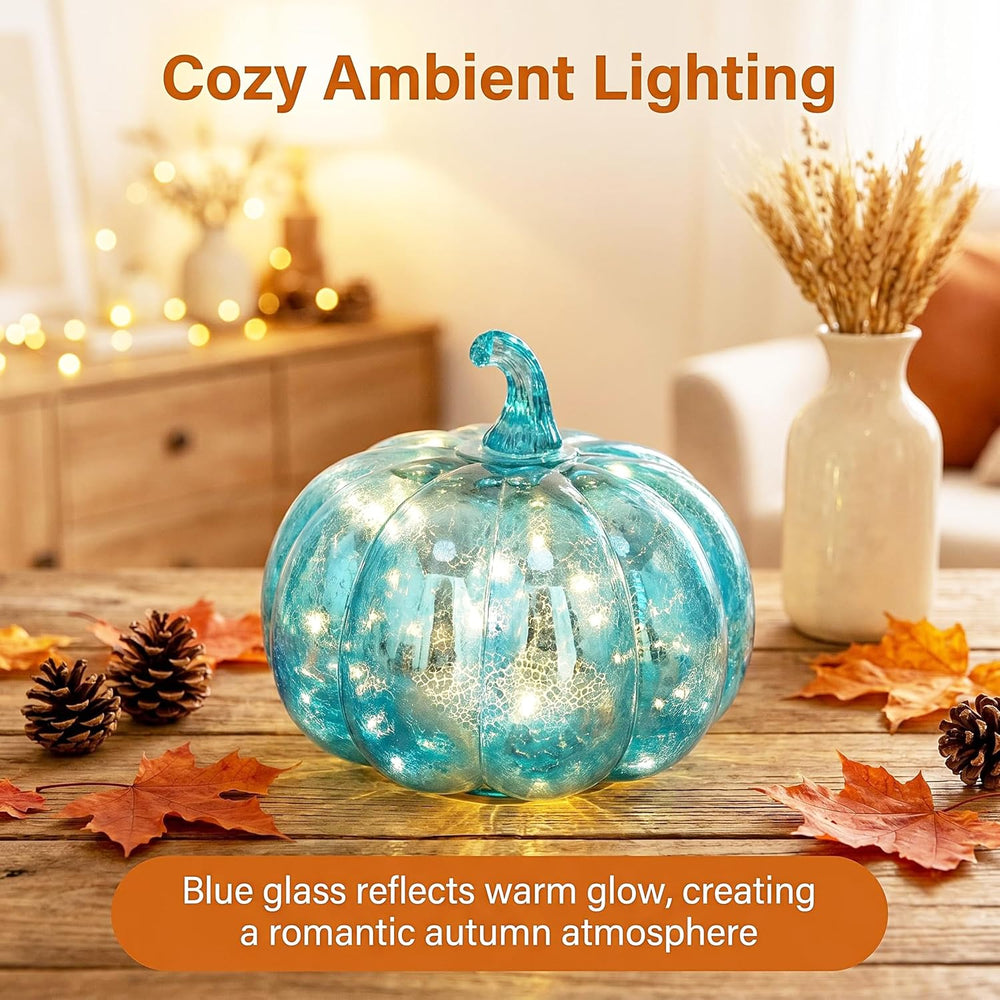 Fall Decorations for Home,Mercury Glass Pumpkin Lights with Timer(Blue)