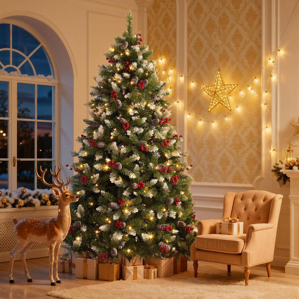 DWVO 6ft Pre-Lit Christmas Tree Pine Cones Red Berries 250 Dual Color LED