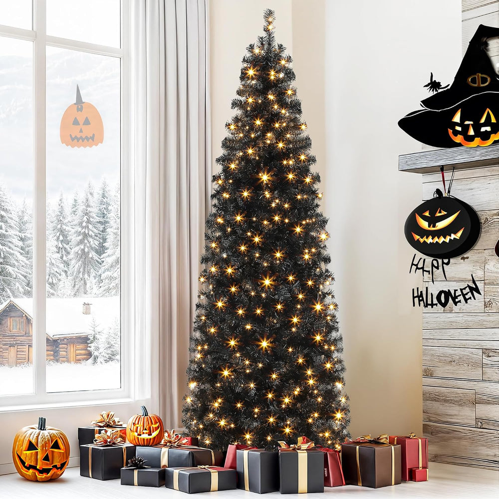 DWVO 7.5FT Pre-Lit Blck Pencil Christmas Tree with 350 Dual-Color LEDs