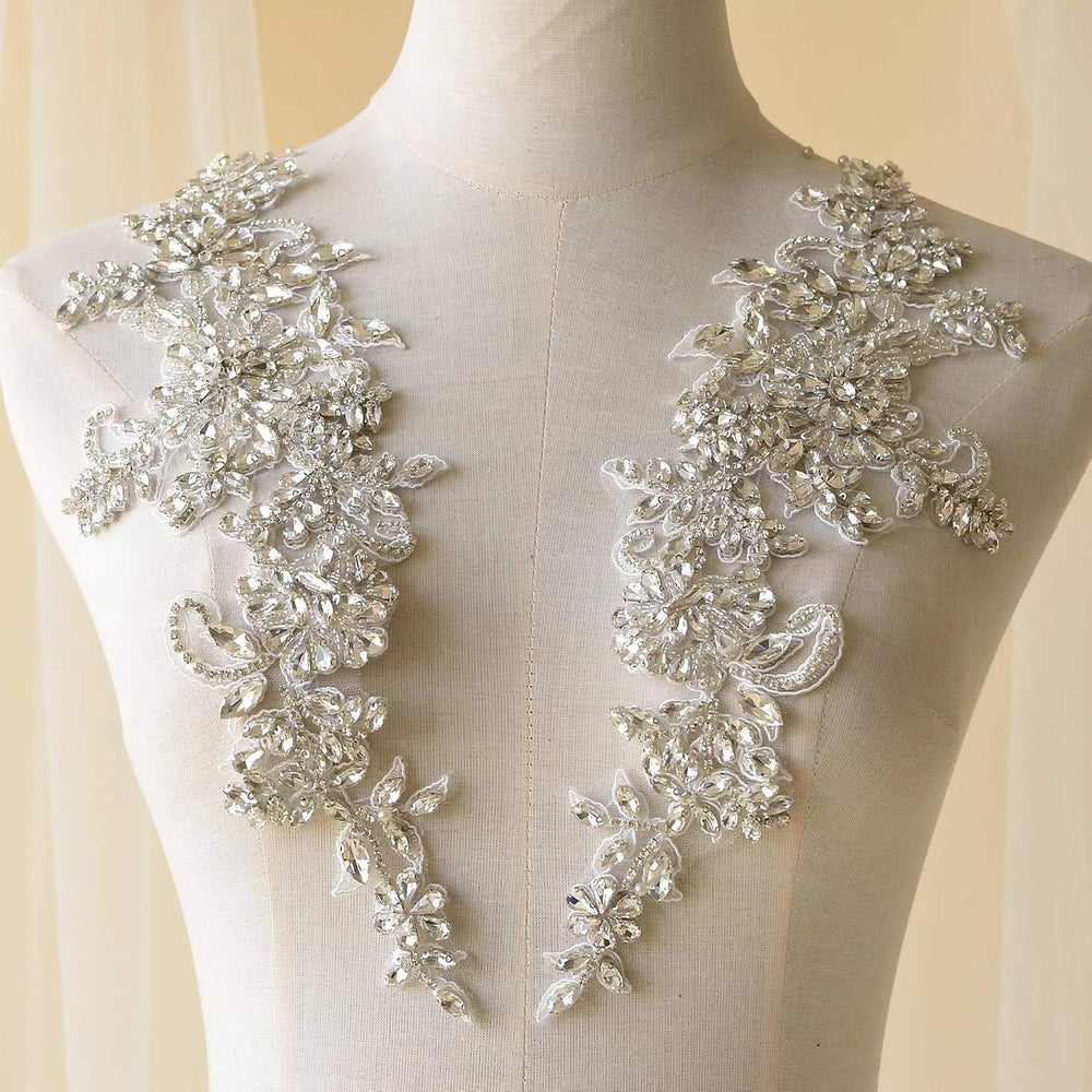 Sparkling Rhinestone Applique Heavy Beads Motif Diamante Crystal Lace Patch C...