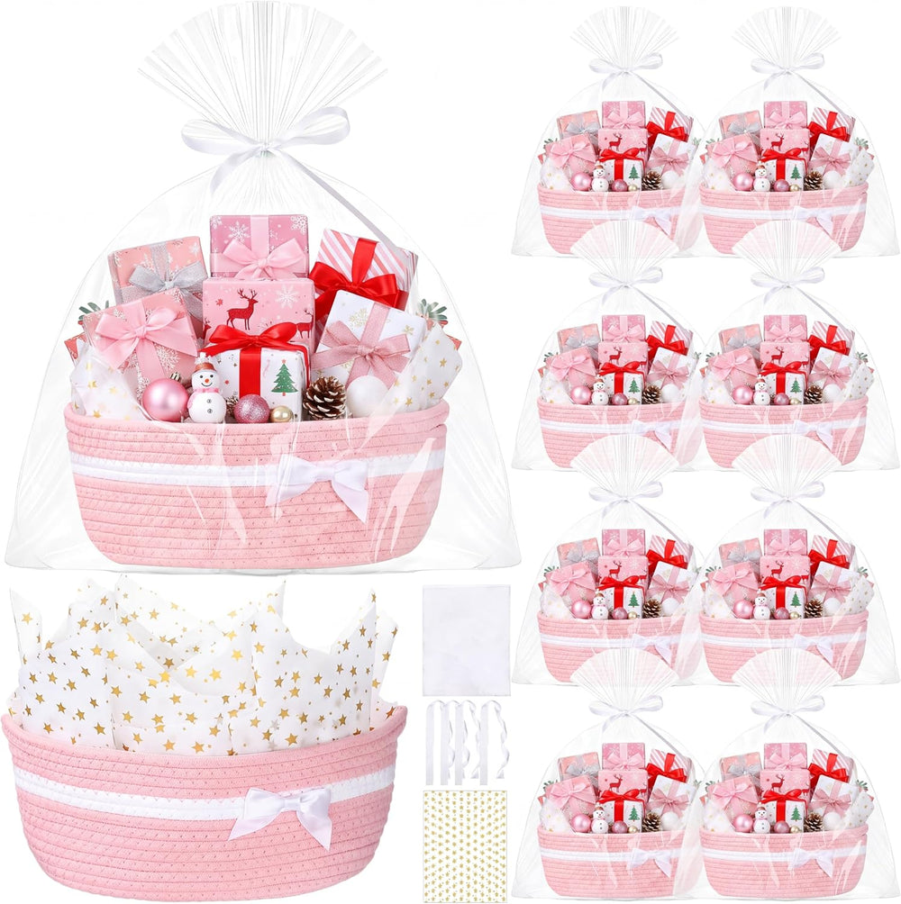 Foldtier 8 Pack Christmas Woven Gift Baskets with Handles, pink