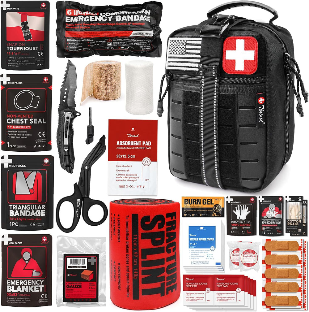 Survival First Aid Kit with Israeli-Style Bandage, Splint, Chest Seal for Tac...