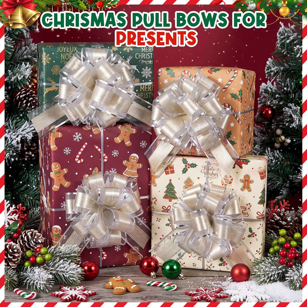 48 Pcs 6 Inch Xmas Pull Bows for Gift Wrapping, Silver