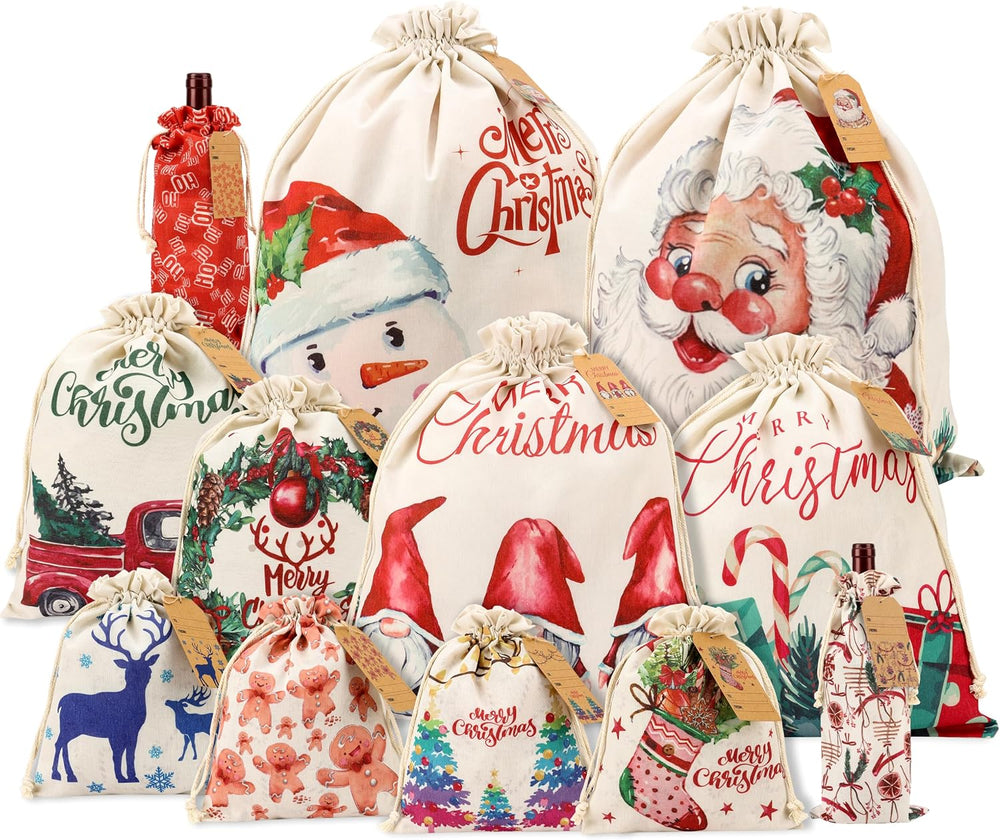 12 Pack Fabric Christmas Gift Bags with Drawstrings, Assorted Sizes