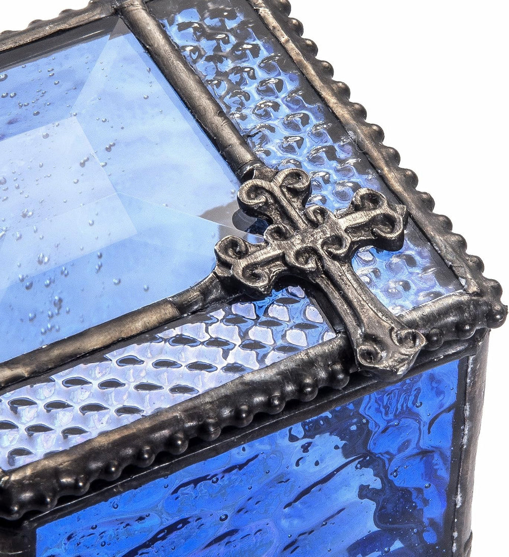 J Devlin Blue Glass Cross Keepsake Box, Rosary and Jewelry Storage