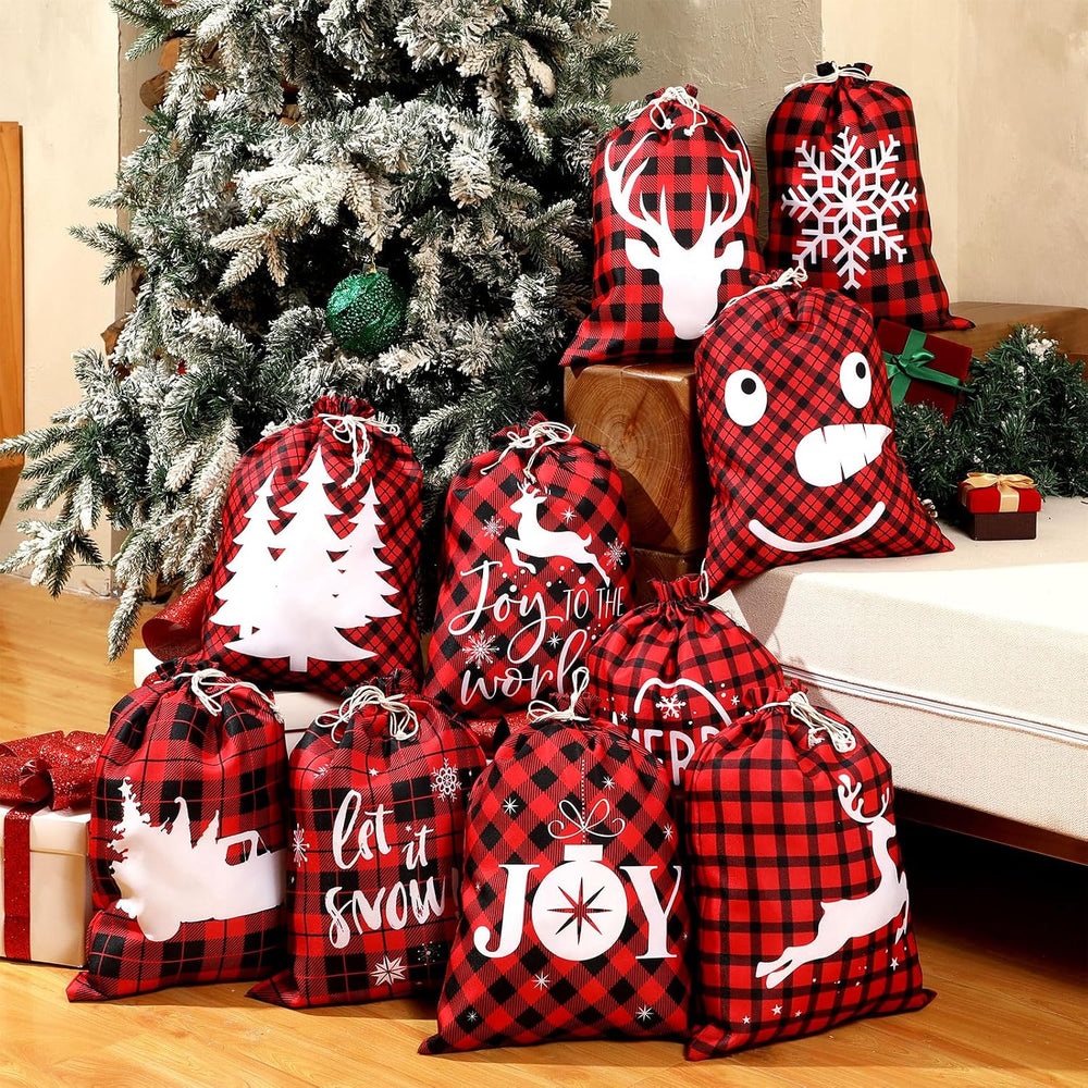 Windyun 16 Pcs Christmas Drawstring Bags Santa Sack Bag 12x16 Inch