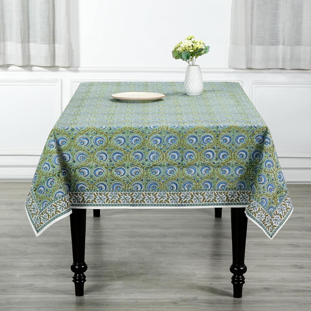 Ridhi Verdant Mist Hand Block Print Rectangle Tablecloth 90x60 Inch