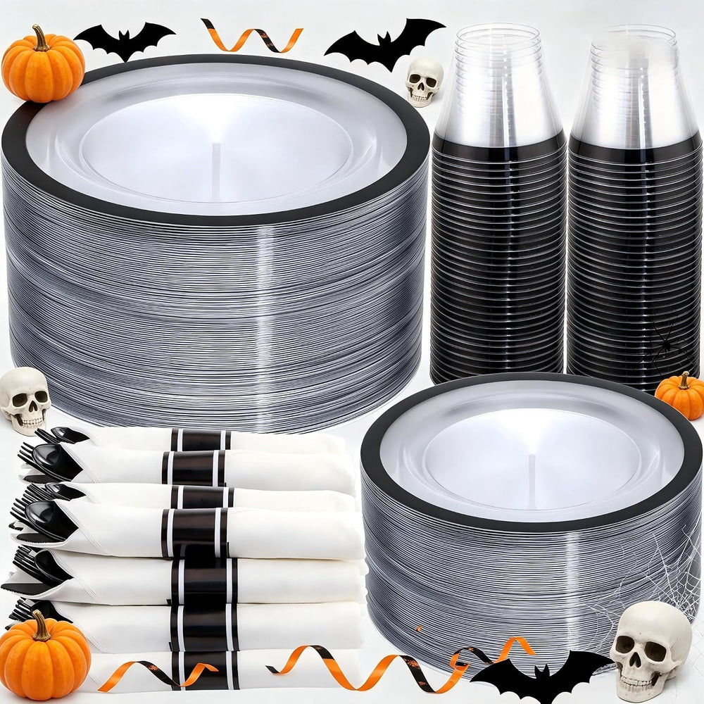 I00000 350Pcs Black Plastic Dinnerware Set,Disposable Plates for 50 Guests