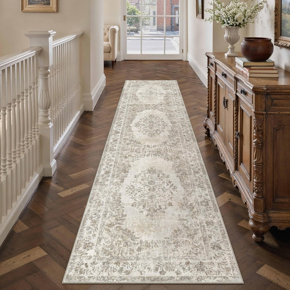 2.6x14 Washable Runner Rug Hallway Cream Beige Vintage Carpet