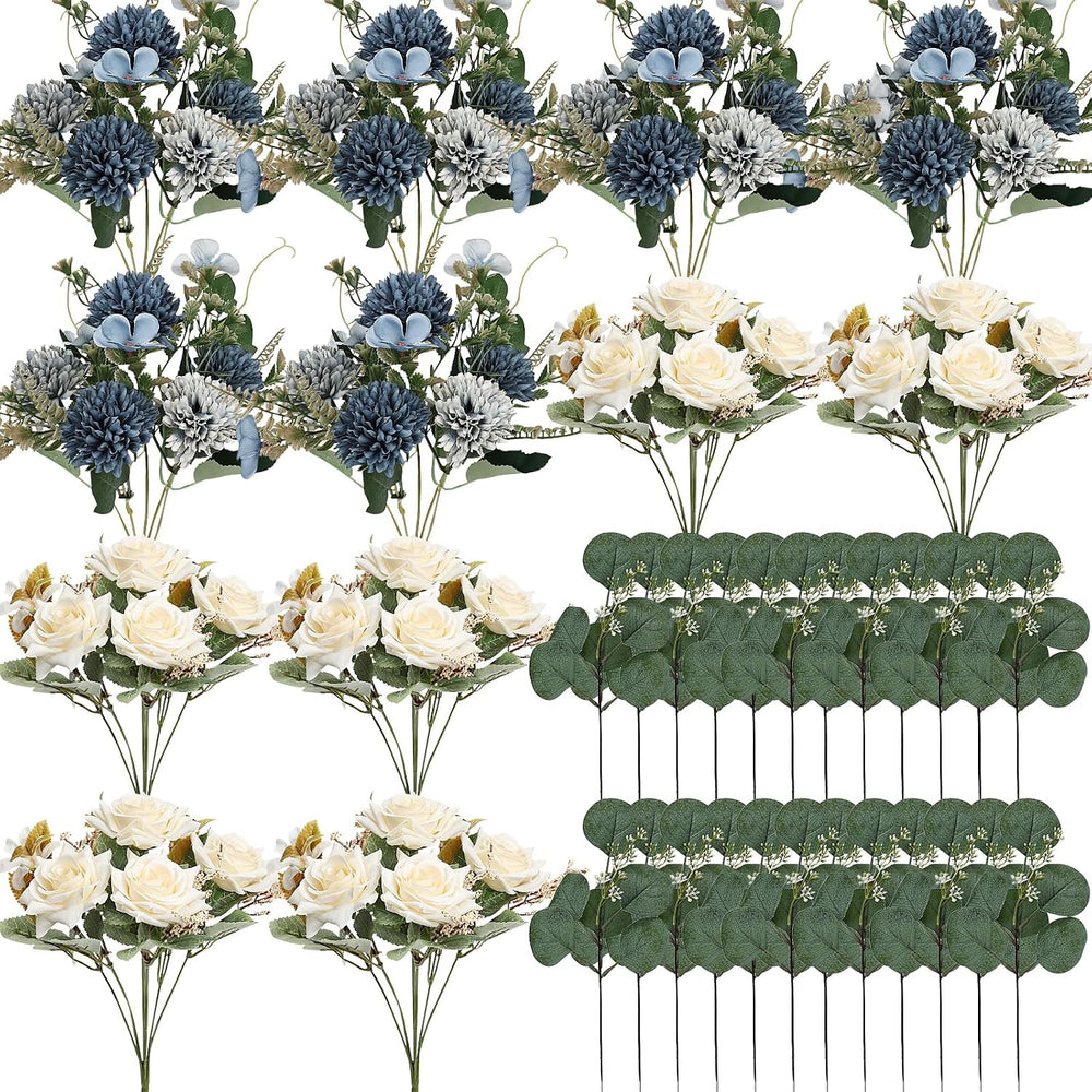 Blue White Peonies Artificial Flowers 12 Bundles Silk Mum Roses