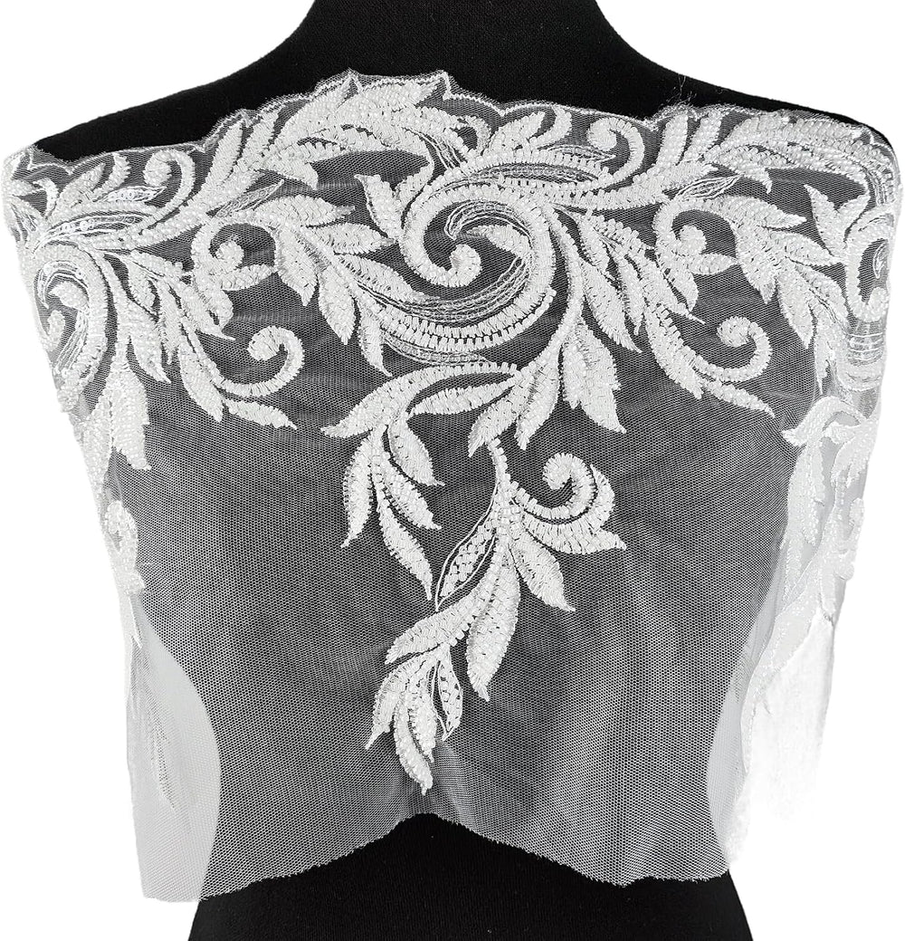1 Yards White 3D Lace Applique, Sew on Sequin Bead Fabric Lace Patches Embroi...