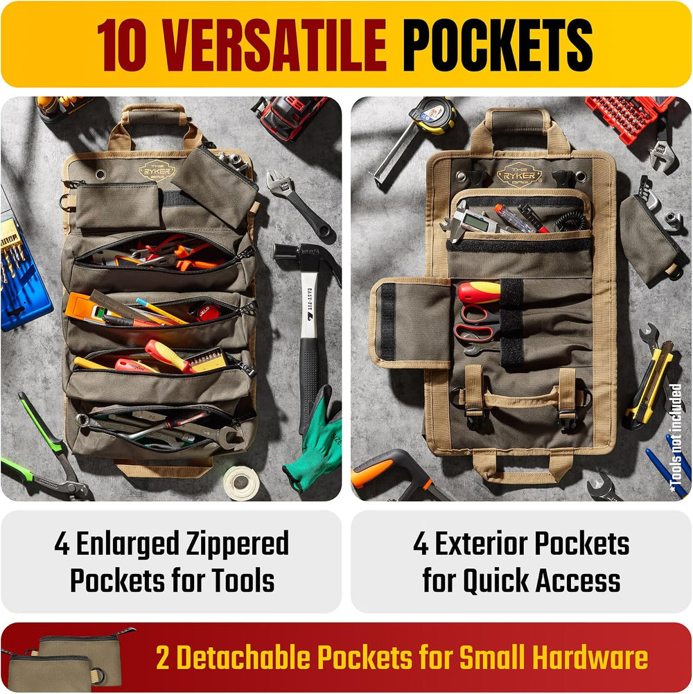 Ryker Heavy Duty Tool Roll Up Bag Organizer w/ Accessible Pouches