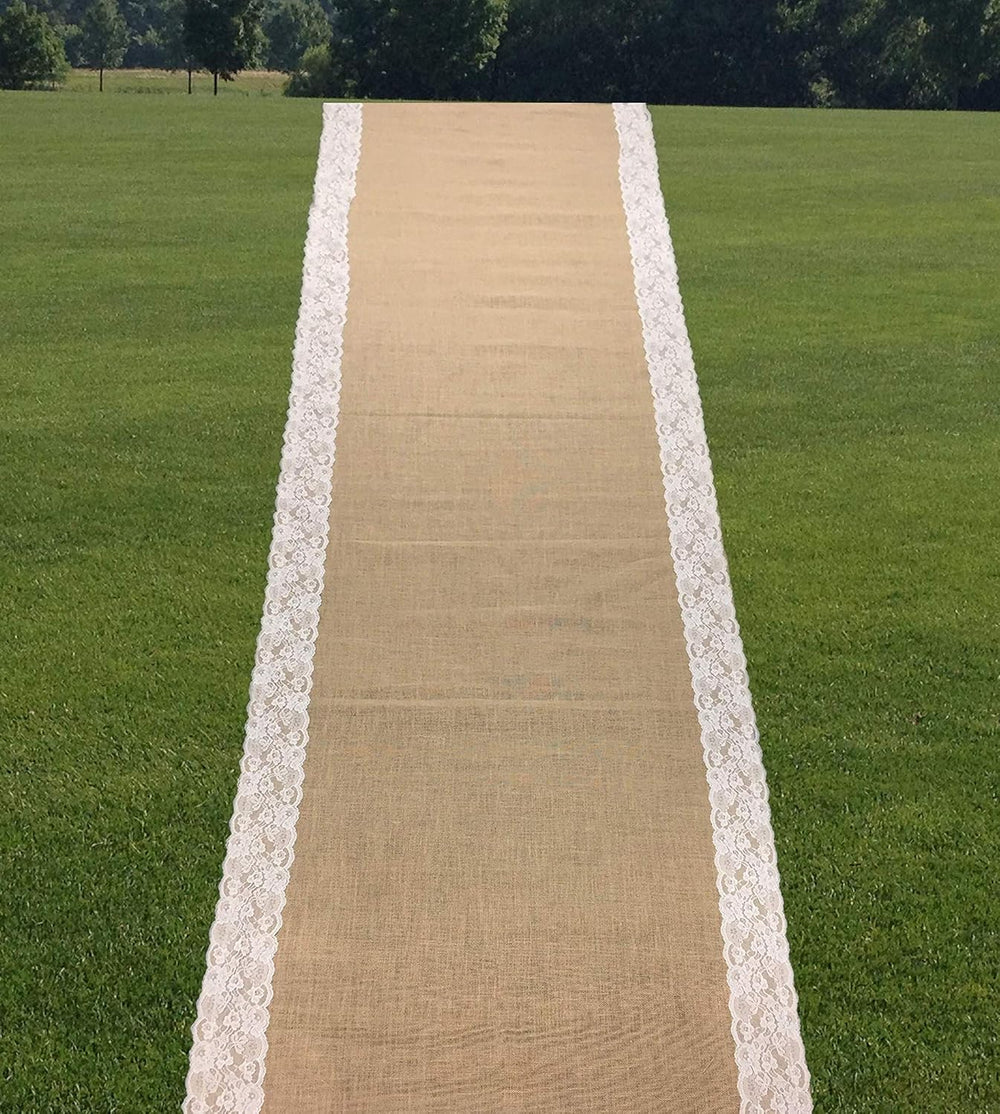 Premium Burlap Outdoor Wedding Aisle Runner with 5" Wide Ivory Lace Atta...