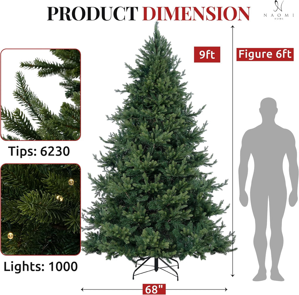 Naomi Home Kinsley 9ft Prelit Artificial Christmas Tree, 1000 Warm Lights